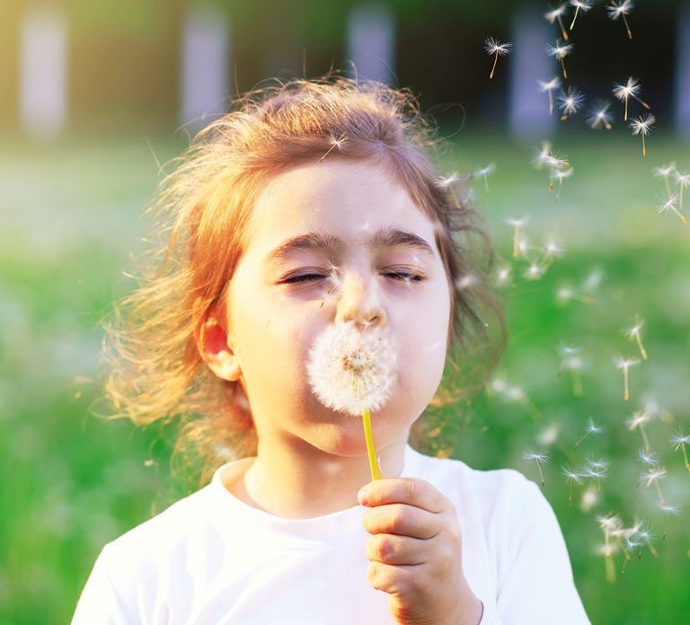 child blowing seeds off of a dandelion