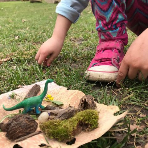 child playing with toy dinosaur and nature objects